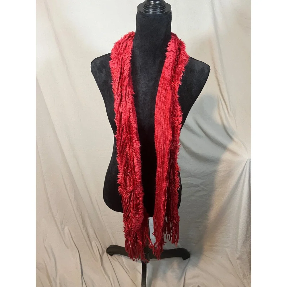 Red Eyelash Knit Shaggy Faux Fur Trim Ribbed Scarf with Fringe Statement Red‎